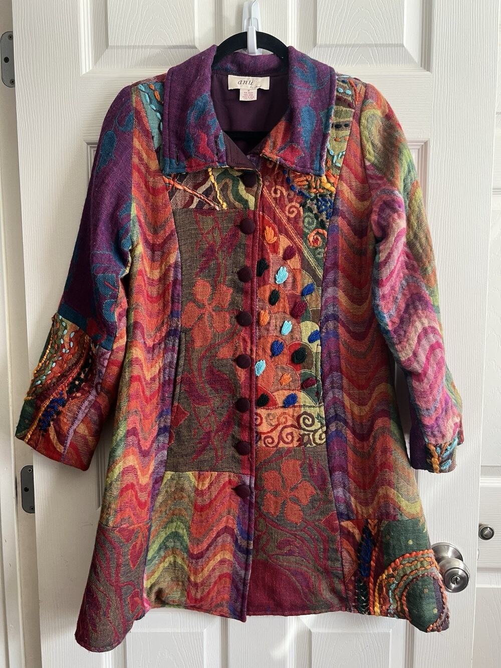 ANU BY NATURAL 100% Wool Patchwork Embroidered Yarn Bohemian Artsy Coat Sz S Y2K